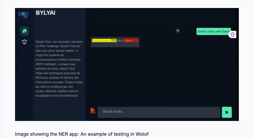 The NER application highlighting a person entity and a location entity in a Wolof sentence.