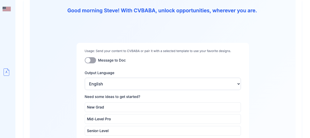 The CVBABA input screen with an output-language selector and starting-point options for different experience levels.