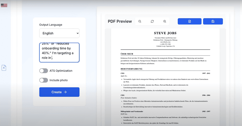 A German-language résumé rendered in the live PDF preview beside the generation controls.