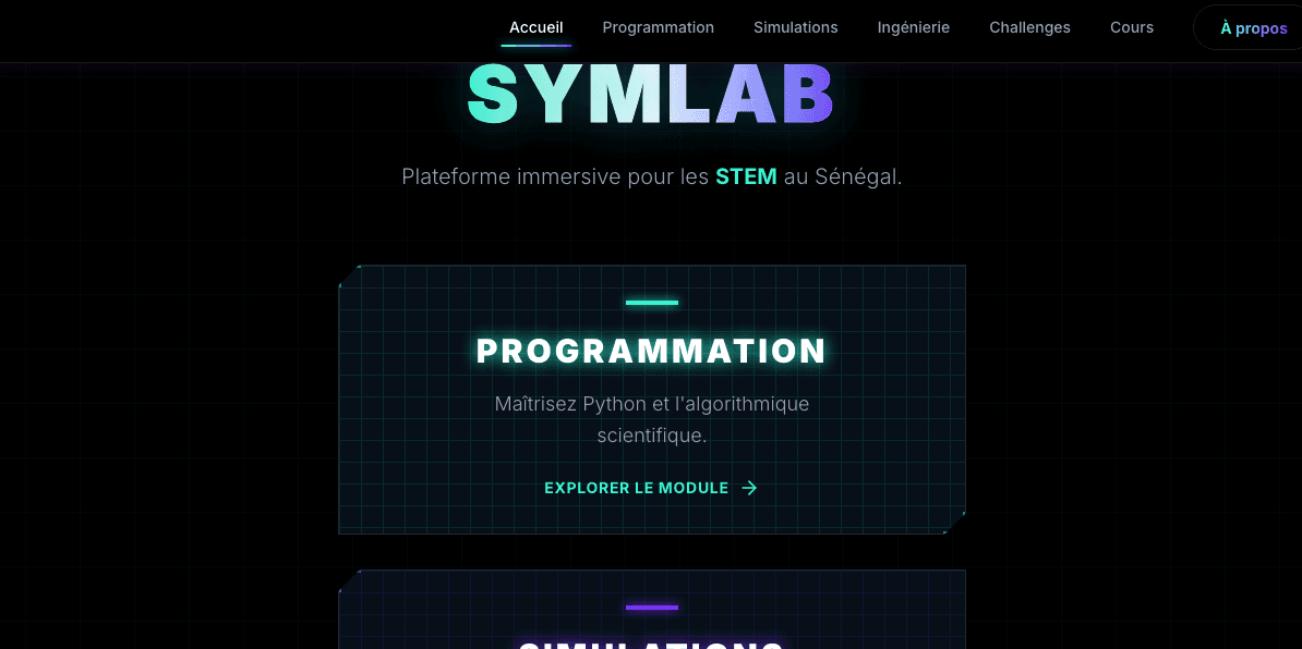 SymLab home screen listing programming, simulation, and engineering modules in French.
