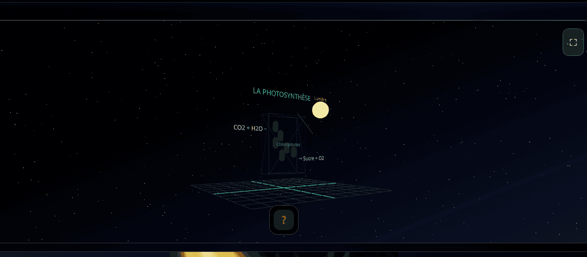An interactive 3D simulation of photosynthesis showing inputs of carbon dioxide, water, and light.