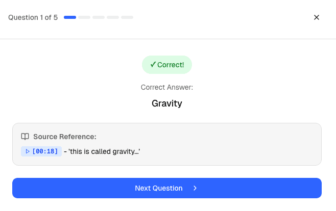 A comprehension question marked correct, with the answer traced to a timestamp in the source video.