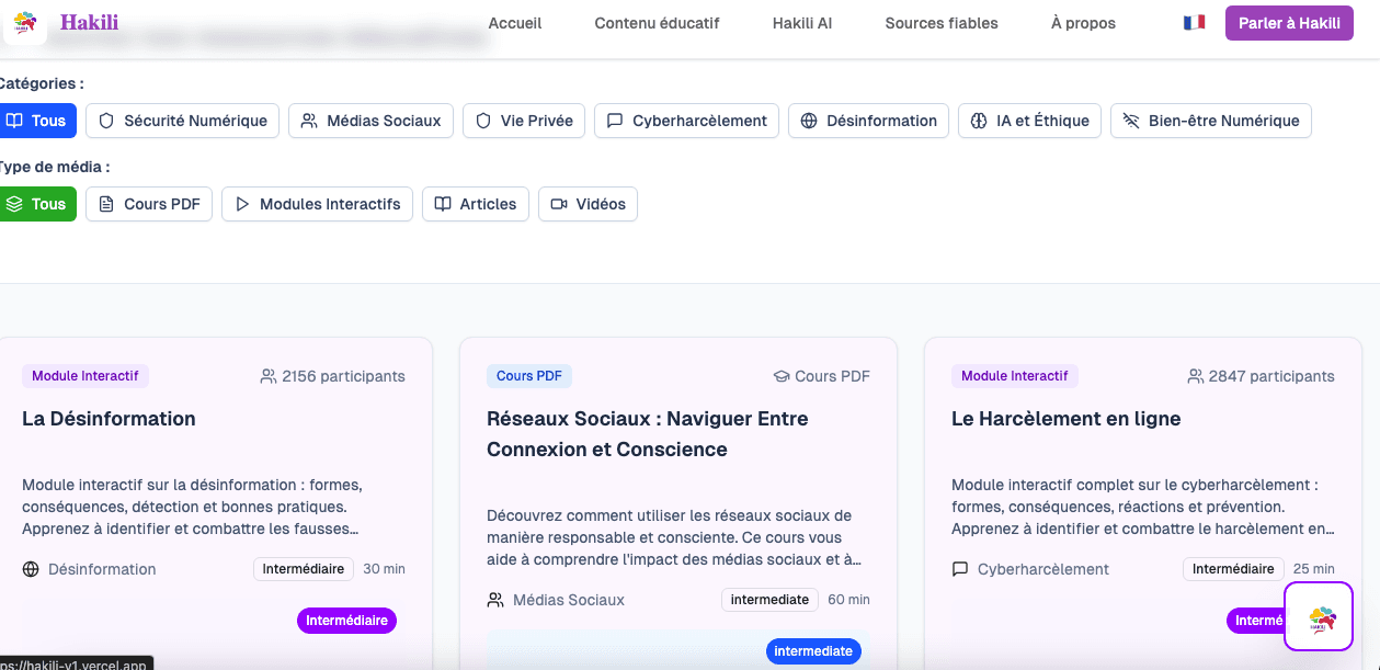 The Hakili course library filtered by topic and media type, showing modules on disinformation, social media, and online harassment.